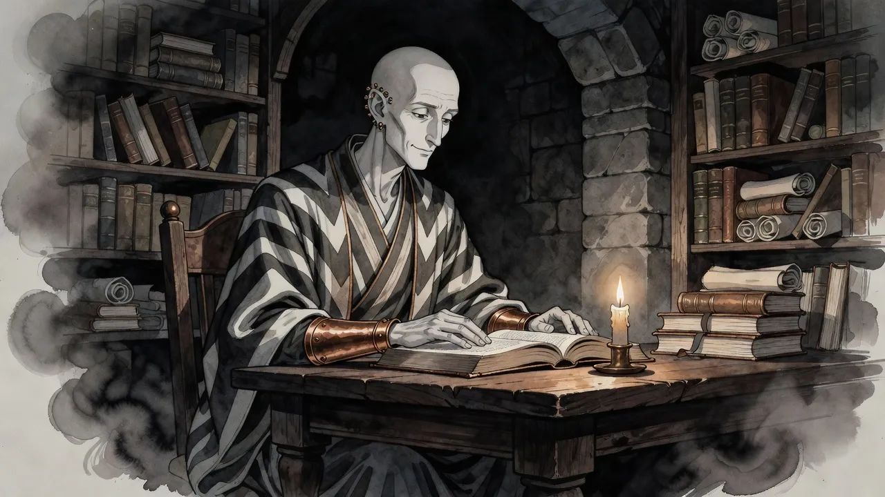 A very tall bald man with stretched, studded earlobes and bright V-striped robes reads a large book by candlelight in a cramped study, one hand resting on a broad copper bracer on his other forearm.