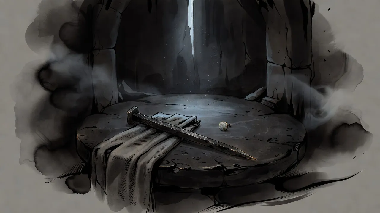 On a dark stone table a long, thick iron spike like an oversized nail lies across a folded grey cloth beside one tiny bronze earring stud, lit by a single shaft of cold light.