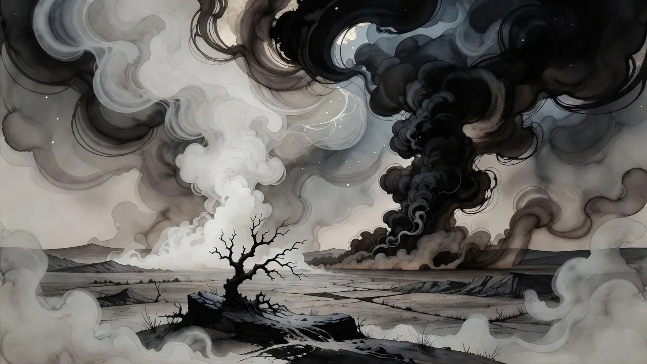 At night over a broken ash plain a towering column of white mist and a towering column of black smoke rise and coil into each other across the whole sky.