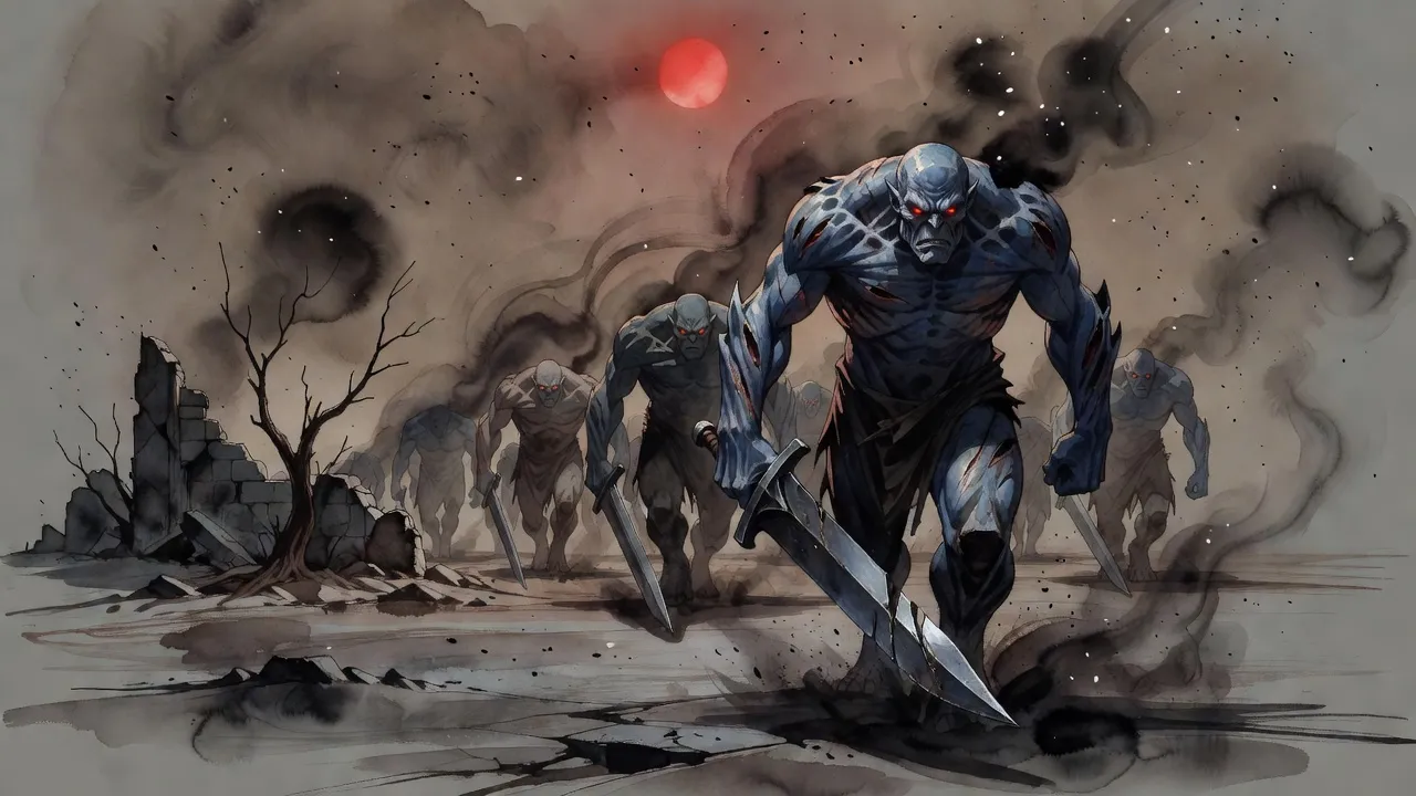 An enormous blue-skinned brute with torn, sagging skin and small red eyes strides across a grey ash plain with a huge blunt sword, more hulking shapes marching behind him in the falling ash.