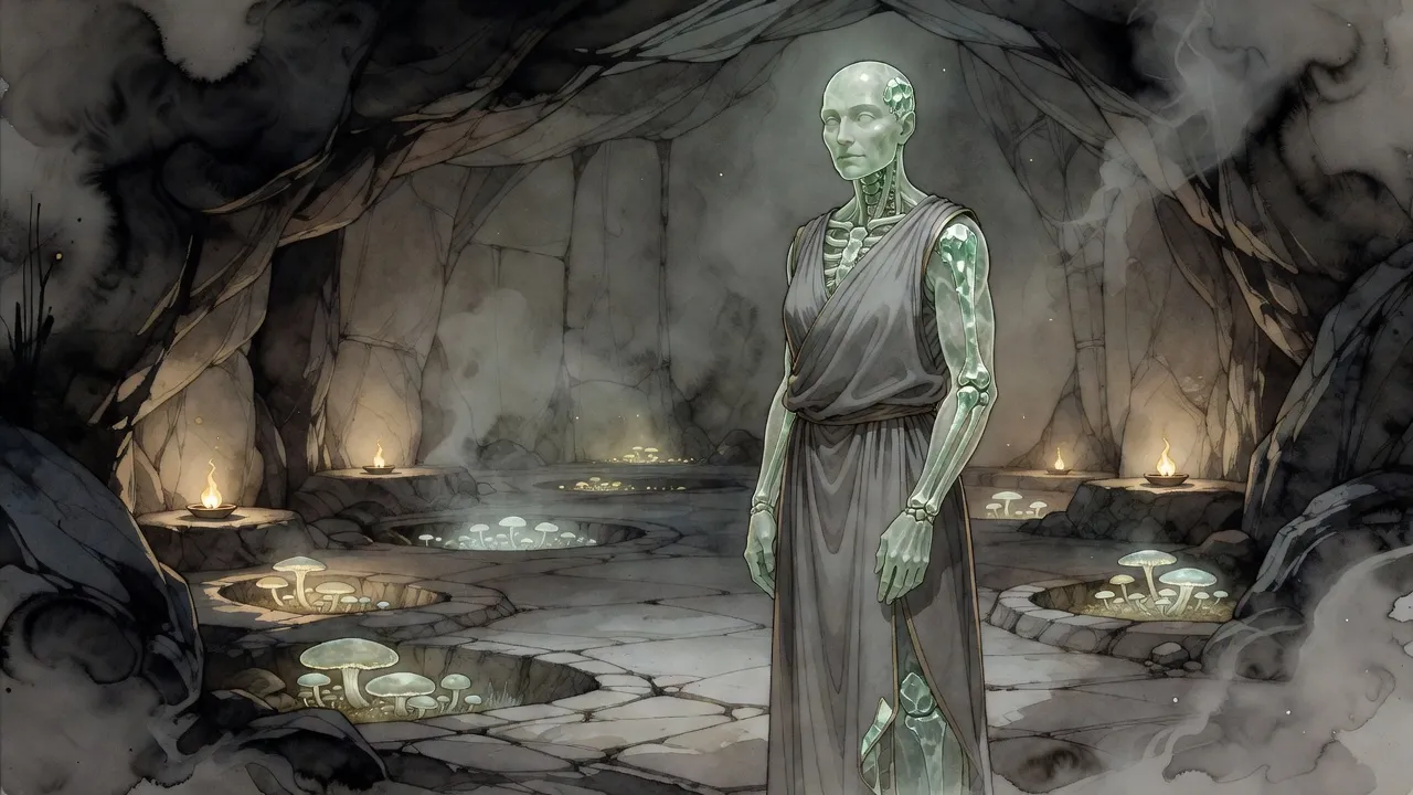 In a lamplit stone cavern a calm humanoid figure stands with hands loosely clasped, its flesh clouded and glassy over a skeleton of carved crystal.
