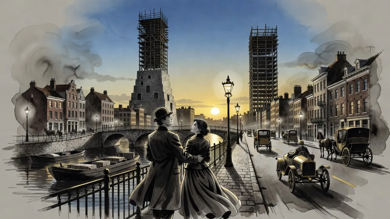 At sunset two unfinished skyscrapers, one of stepped stone rising into bare steelwork, face each other across a city canal while electric streetlamps glow along a promenade busy with carriages.