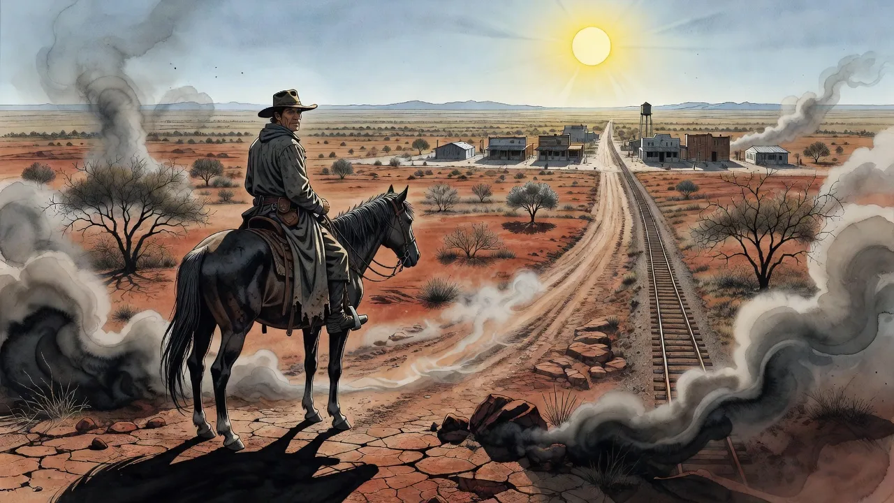 Under a harsh midday sun a lone rider in a dusty duster and wide-brimmed hat looks across a cracked red-clay plain of scraggly trees toward a small wooden frontier town, a railway line and distant blue mountains.