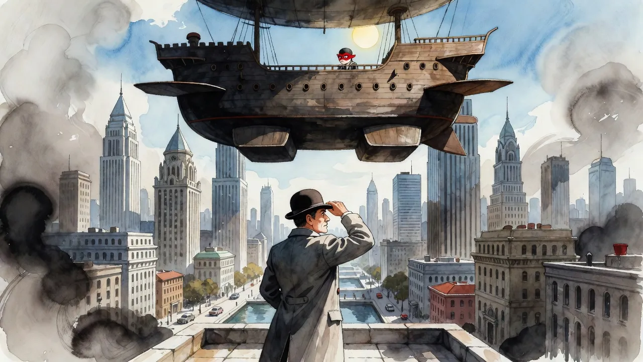 A huge wooden airship with a battlemented top and two great pontoons hangs in a clear sky above tall stepped skyscrapers while a crewman in a red mask looks down from its deck.